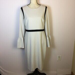 Calvin Klein Sheath Dress Sz 12 Womans Ligh Gray Black Long Bell Sleeve Stretch